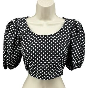 Free People Polka Dot Puff Sleeve Crop Top Blouse Black White Lined Size 0